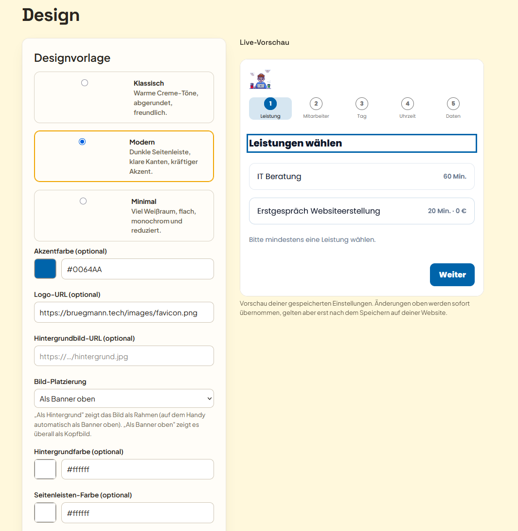 Backend des Online-Buchungssystems von brügmann.tech: Design-Konfigurator mit Live-Vorschau, um Terminausfälle zu reduzieren
