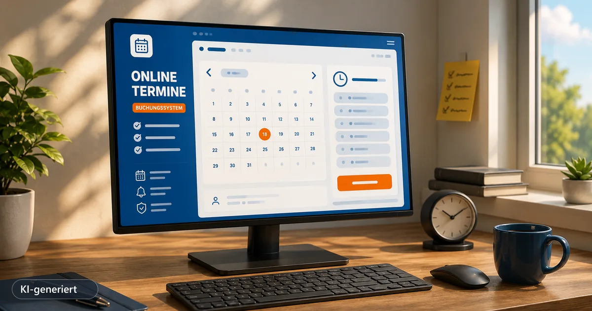 Online-Buchungssystem von bruegmann.tech auf einem Schreibtisch-Monitor: Kalender mit freien Terminen, Zeitauswahl und Bestätigungs-Button