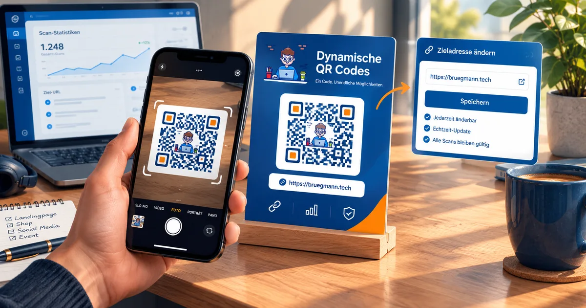 Dynamischer QR-Code mit Logo auf einem Tischaufsteller wird mit dem Smartphone gescannt, daneben Scan-Statistik und Eingabefeld für die neue Zieladresse