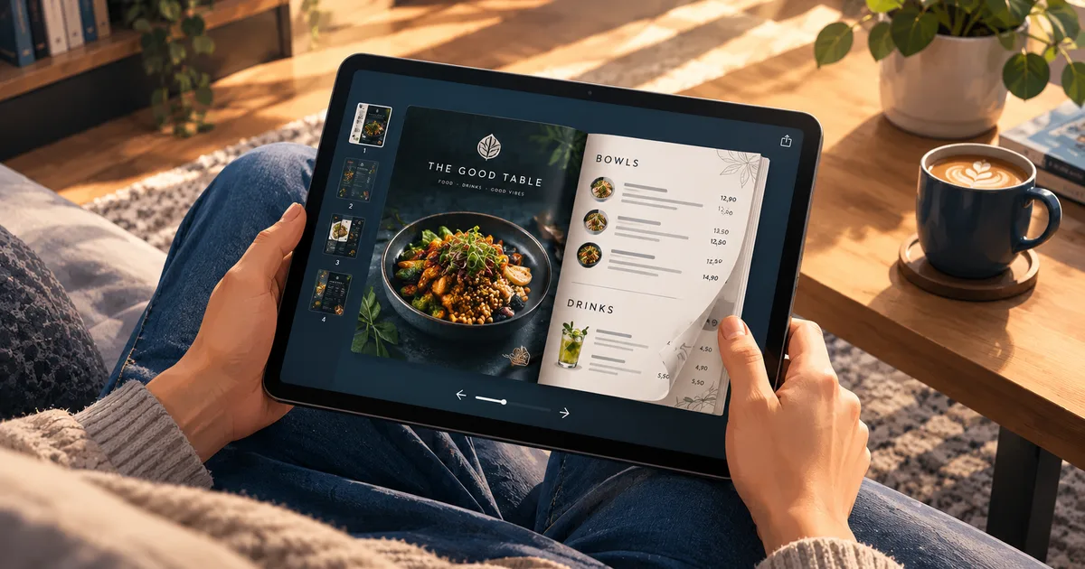 Digitale Speisekarte als Flipbook auf einem Tablet: eine Person blättert eine Seite um, links die Seitenvorschau