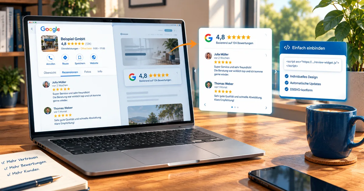 Bewertungs-Widget mit 4,8 Sternen und Rezensionen neben einem Google-Unternehmensprofil auf einem Laptop