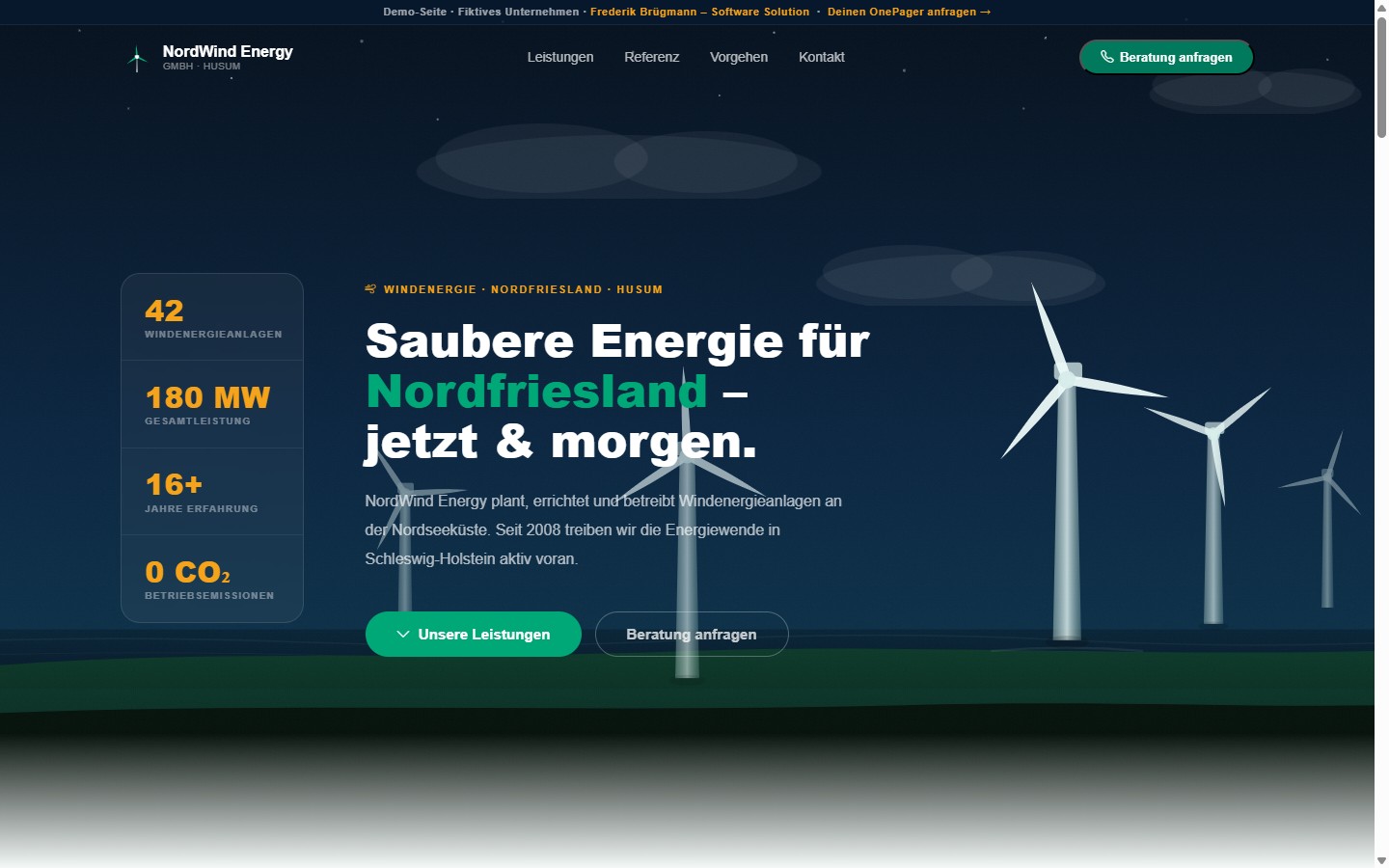 Demo-OnePager des fiktiven Windenergie-Unternehmens NordWind Energy